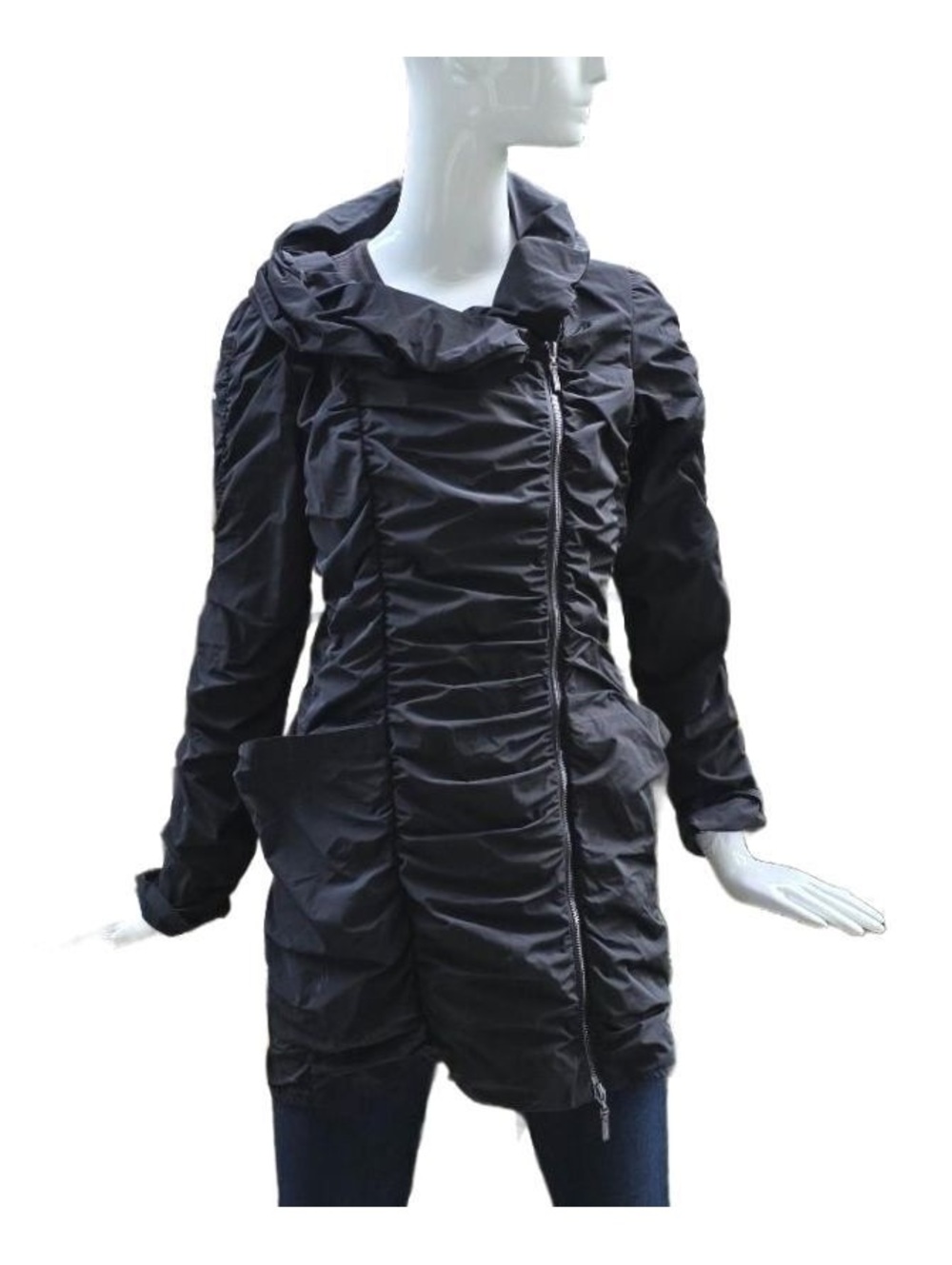 Joseph Ribkoff Black Ruched Center Zip Adjustable Collar Memory Fabric Jacket S